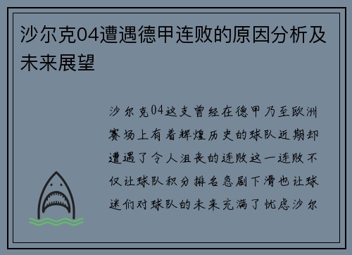 沙尔克04遭遇德甲连败的原因分析及未来展望