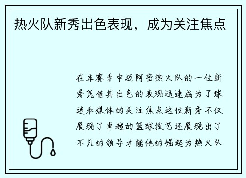 热火队新秀出色表现，成为关注焦点
